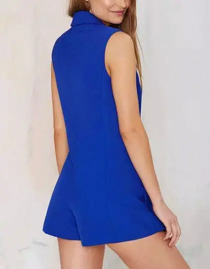 Trendy Notched Collar Pockets Brief Style Sleeveless Suit Blazer Short Jumpsuit Women's Retro Short Rompers Playsuits 3
