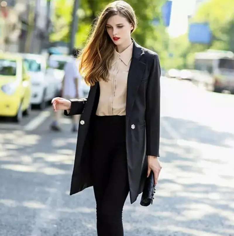 Trendy Notched Collar Slim Fit Long Blazer Women's Casual Long Suit Ol Jacket Blazer 5