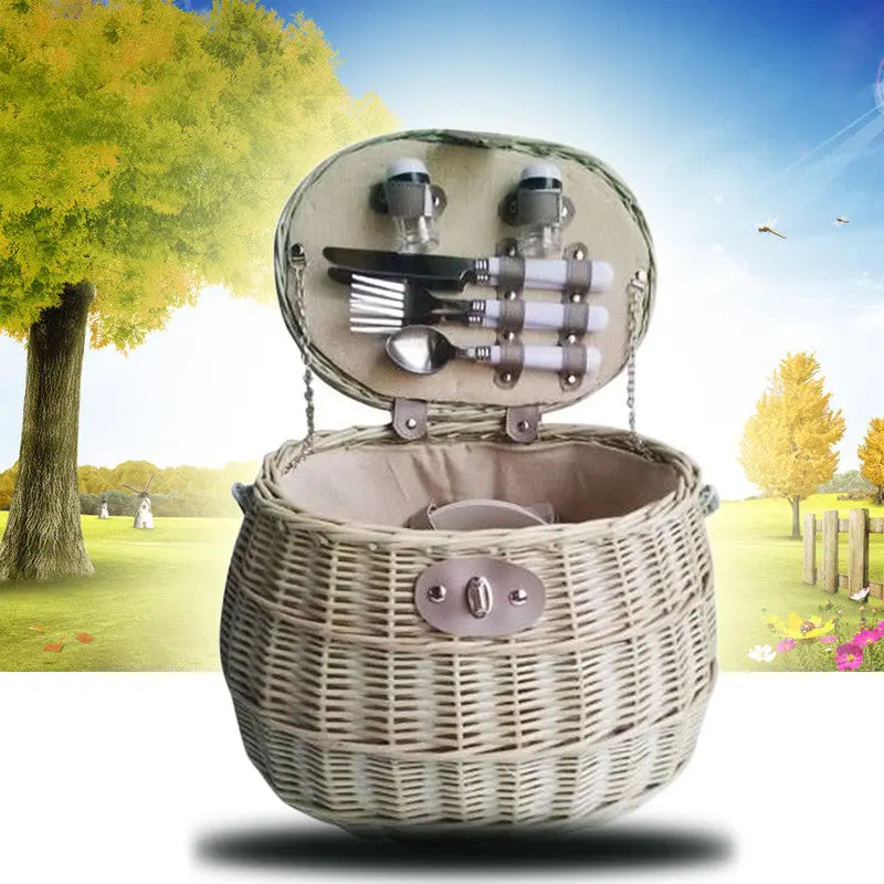 Trendy Picnic Basket For 2 People Wicker Outdoor Bag With Lid Handmade Rattan Storage Steamed Cassette Cover 88073 1