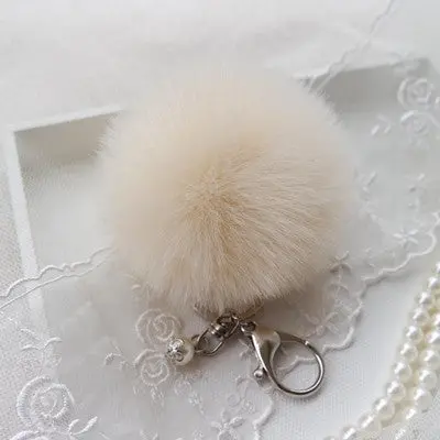 Trendy Pom Pom Fur Key Chain Fur Ball Car Keychain Women Bag Key Ring With Pearl Silver Plated 1