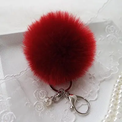 Trendy Pom Pom Fur Key Chain Fur Ball Car Keychain Women Bag Key Ring With Pearl Silver Plated 10