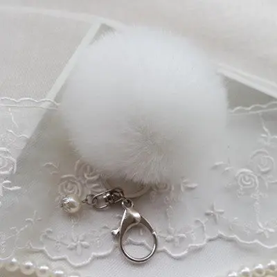 Trendy Pom Pom Fur Key Chain Fur Ball Car Keychain Women Bag Key Ring With Pearl Silver Plated 11