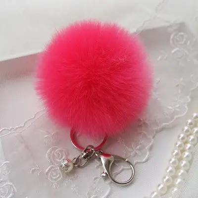 Trendy Pom Pom Fur Key Chain Fur Ball Car Keychain Women Bag Key Ring With Pearl Silver Plated 12