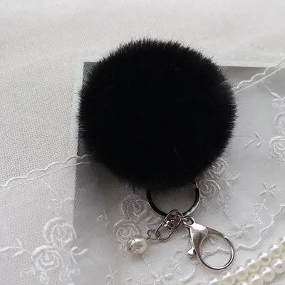 Trendy Pom Pom Fur Key Chain Fur Ball Car Keychain Women Bag Key Ring With Pearl Silver Plated 2