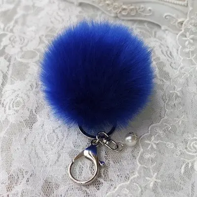 Trendy Pom Pom Fur Key Chain Fur Ball Car Keychain Women Bag Key Ring With Pearl Silver Plated 3
