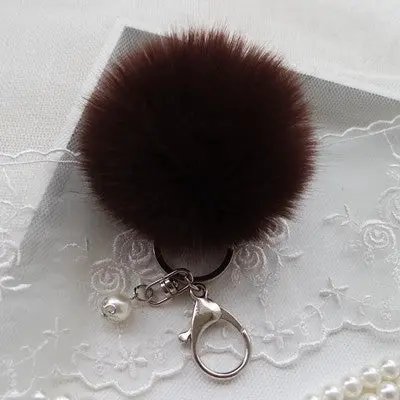 Trendy Pom Pom Fur Key Chain Fur Ball Car Keychain Women Bag Key Ring With Pearl Silver Plated 4