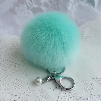 Trendy Pom Pom Fur Key Chain Fur Ball Car Keychain Women Bag Key Ring With Pearl Silver Plated 5