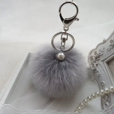 Trendy Pom Pom Fur Key Chain Fur Ball Car Keychain Women Bag Key Ring With Pearl Silver Plated 6