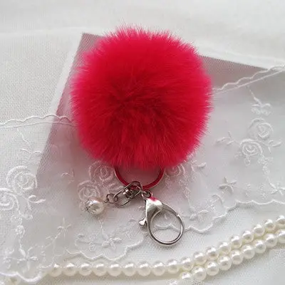 Trendy Pom Pom Fur Key Chain Fur Ball Car Keychain Women Bag Key Ring With Pearl Silver Plated 7
