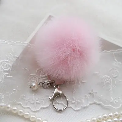 Trendy Pom Pom Fur Key Chain Fur Ball Car Keychain Women Bag Key Ring With Pearl Silver Plated 8