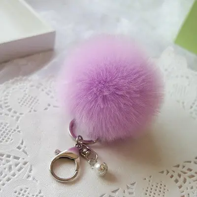 Trendy Pom Pom Fur Key Chain Fur Ball Car Keychain Women Bag Key Ring With Pearl Silver Plated 9