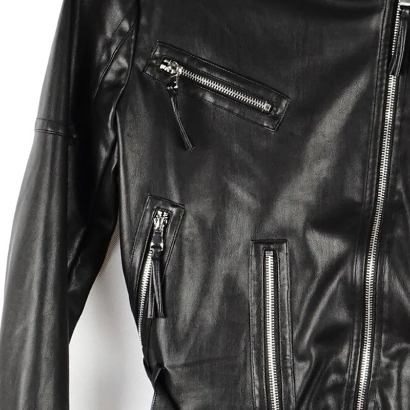 Trendy Pu Leather Lapel Short Motorcycle Biker Jacket Women's Zipper Faux Leather Ajustable Waist Hem Coat Outerwear Tops 1