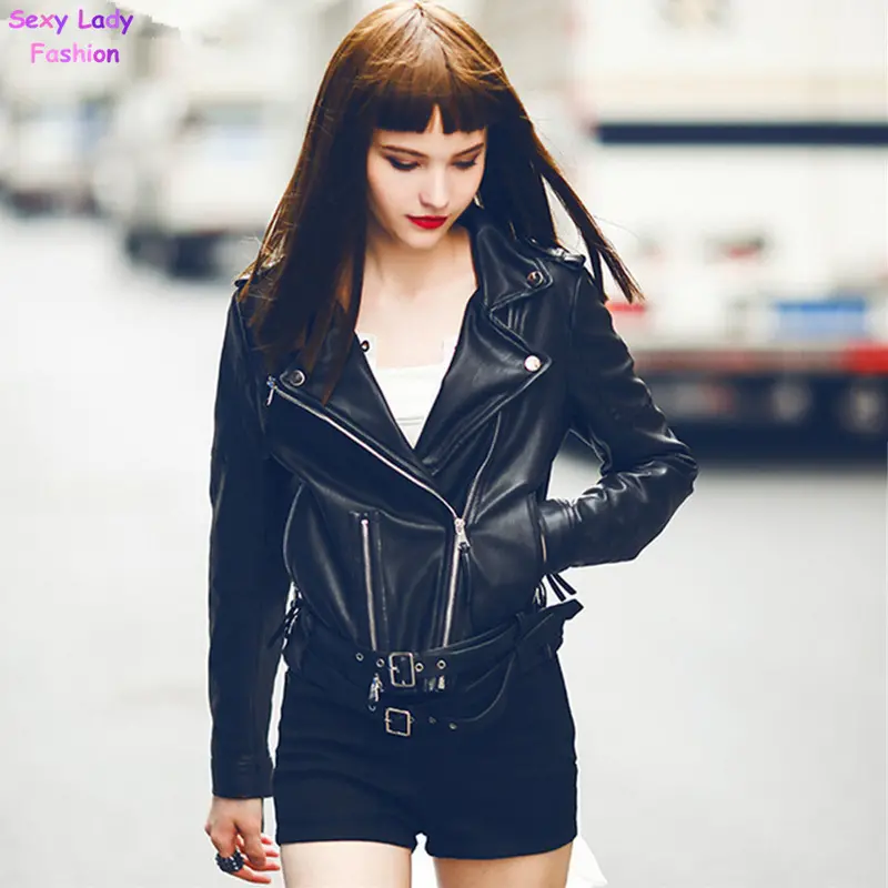 Trendy Pu Leather Lapel Short Motorcycle Biker Jacket Women's Zipper Faux Leather Ajustable Waist Hem Coat Outerwear Tops 2