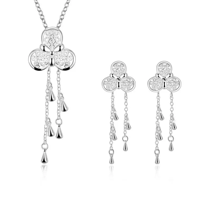 Trendy Silver Plated Jewelry Set Clover Pendant Necklace + Earrings African Jewelry Set Men Jewelry175 1