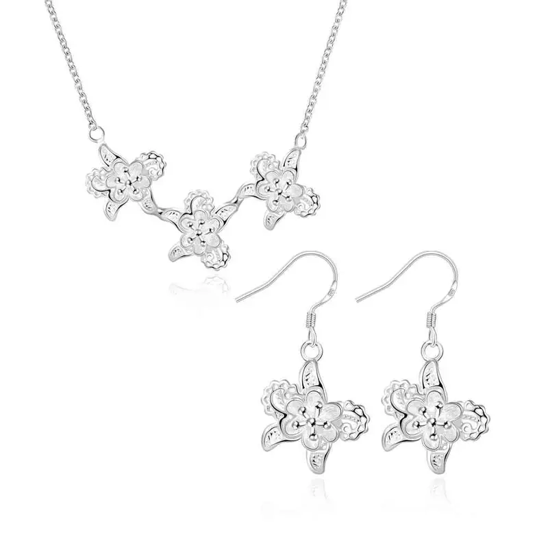 Trendy Silver Plated Jewelry Set Clover Pendant Necklace + Earrings African Jewelry Set Men Jewelry175 3