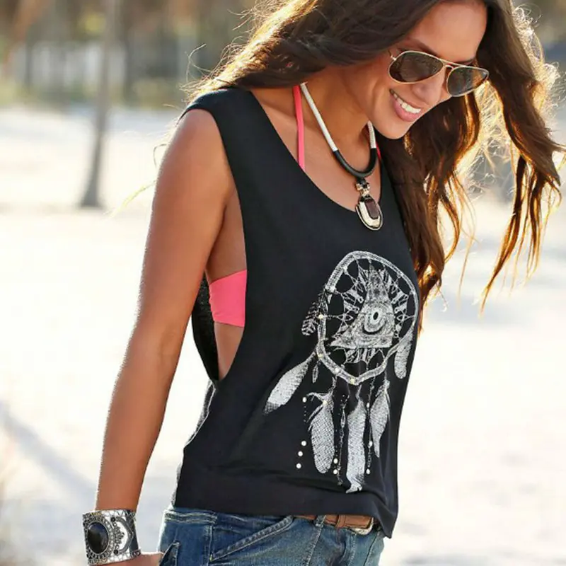 Trendy Style Crop Top Sexy Women Dreamcatcher Printed Sleeveless Tops Crop Vest Shirt Tee 2