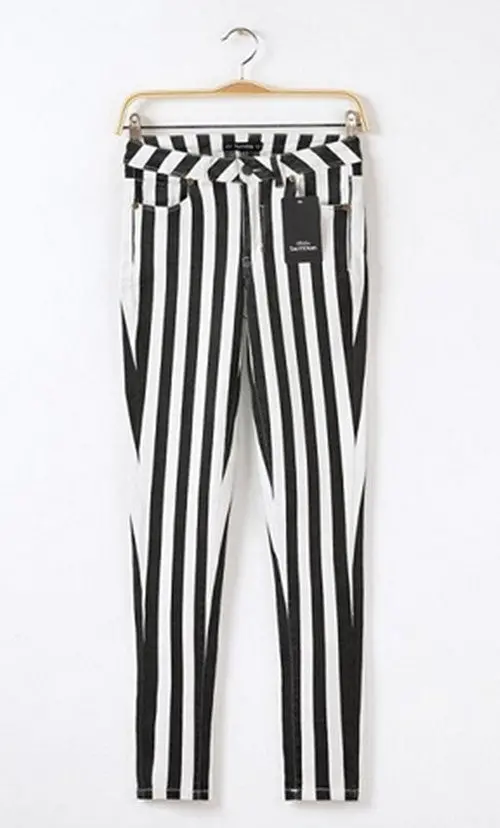 Trendy Women's Contrast Colors Vertical Striped Stretch Pencil Pants Ladies Slim Elastic Tight Trousers 1