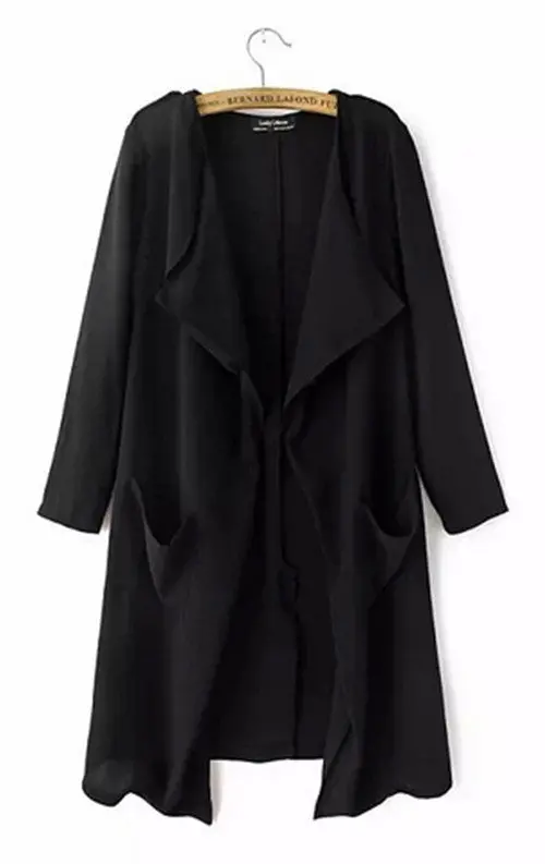 Trendy Women's Long Sleeve Lapel Irregular Collar Pockets Middle Long Trench Casual Coat Outerwear Black, Khaki Colors 1