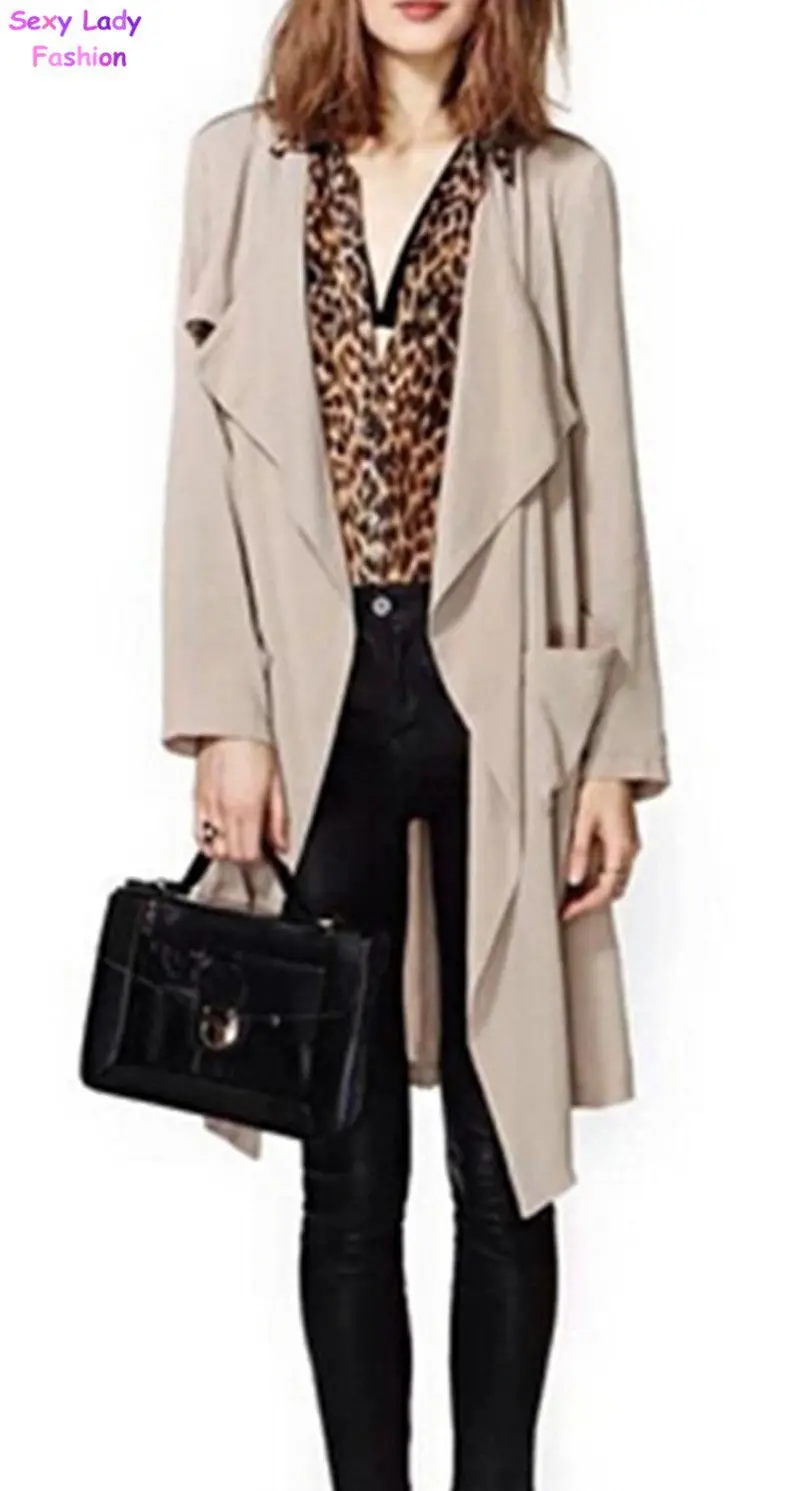 Trendy Women's Long Sleeve Lapel Irregular Collar Pockets Middle Long Trench Casual Coat Outerwear Black, Khaki Colors 3