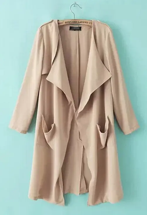 Trendy Women's Long Sleeve Lapel Irregular Collar Pockets Middle Long Trench Casual Coat Outerwear Black, Khaki Colors 4