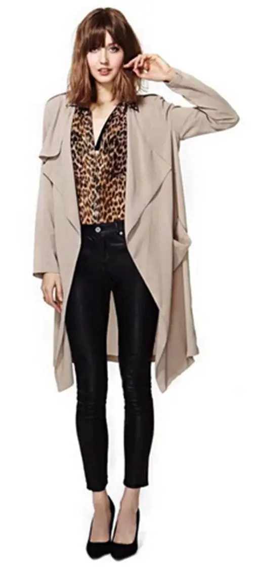 Trendy Women's Long Sleeve Lapel Irregular Collar Pockets Middle Long Trench Casual Coat Outerwear Black, Khaki Colors 4