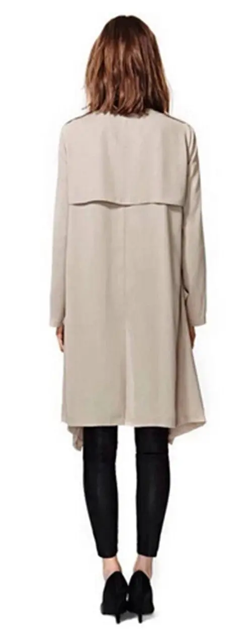 Trendy Women's Long Sleeve Lapel Irregular Collar Pockets Middle Long Trench Casual Coat Outerwear Black, Khaki Colors 5