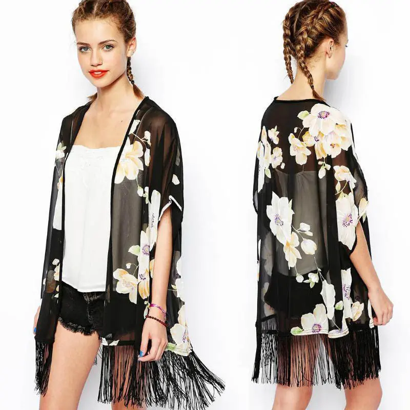 Trustworthy Women Vintage Floral Tassel Fringe Shawl Chiffon Top Kimono Coat Blouse 1