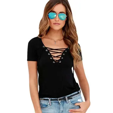 Tshirts Punk Sexy Front Cross Tops Women Vneck Tshirt Casual Top Tees Camisa Short Sleeve 1