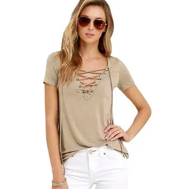 Tshirts Punk Sexy Front Cross Tops Women Vneck Tshirt Casual Top Tees Camisa Short Sleeve 5