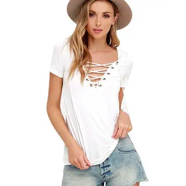 Tshirts Punk Sexy Front Cross Tops Women Vneck Tshirt Casual Top Tees Camisa Short Sleeve 9