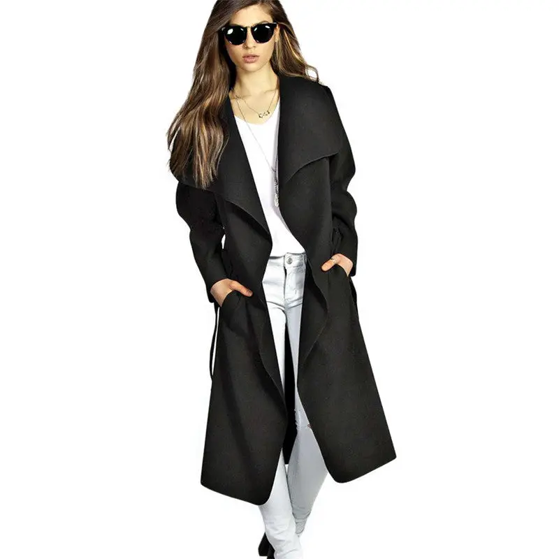 Turn Down Collar Trench Coat Elegant Slim Belt Wool Trench Coat For Women Long Sleeve Trench Long 1