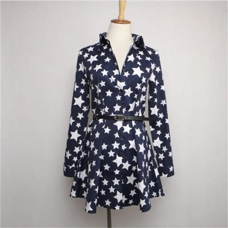 Turn-Down Collar Women Shirt Dress Stars Printing Slim Casual Dress Long Sleeve Dress With Sashes 1