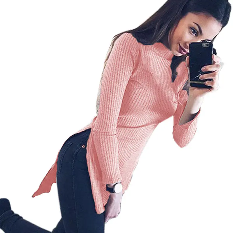 Turtleneck Long Sweater Ribbed Asymmetrical Long Slim Sweater Sexy Casual Side Split Women Sweaters Top Gv453 8