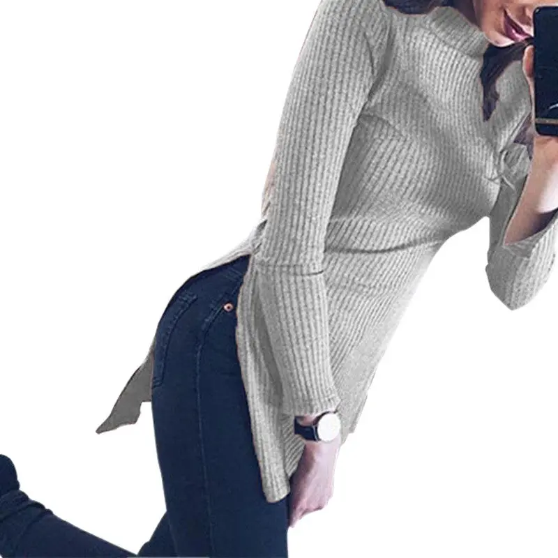 Turtleneck Long Sweater Ribbed Asymmetrical Long Slim Sweater Sexy Casual Side Split Women Sweaters Top Gv453 9