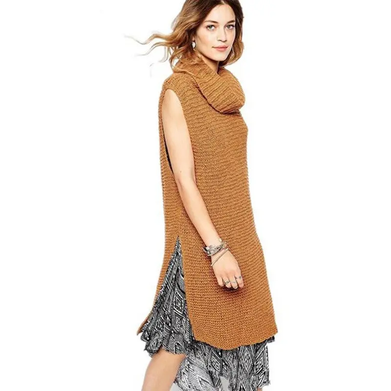 Turtleneck Twisted Sleeveless Knit Pullover Sweaters Coats Side Split Long Sweaters Women 1