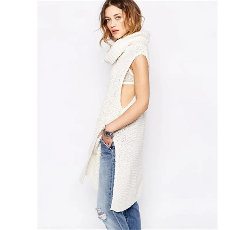 Turtleneck Twisted Sleeveless Knit Pullover Sweaters Coats Side Split Long Sweaters Women 2