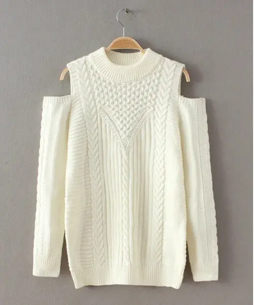 Twisted Knitted Strapless Sweater Women O Neck Hollow Out Shoulder Long Sleeve Knitted Pullover Sweater 1