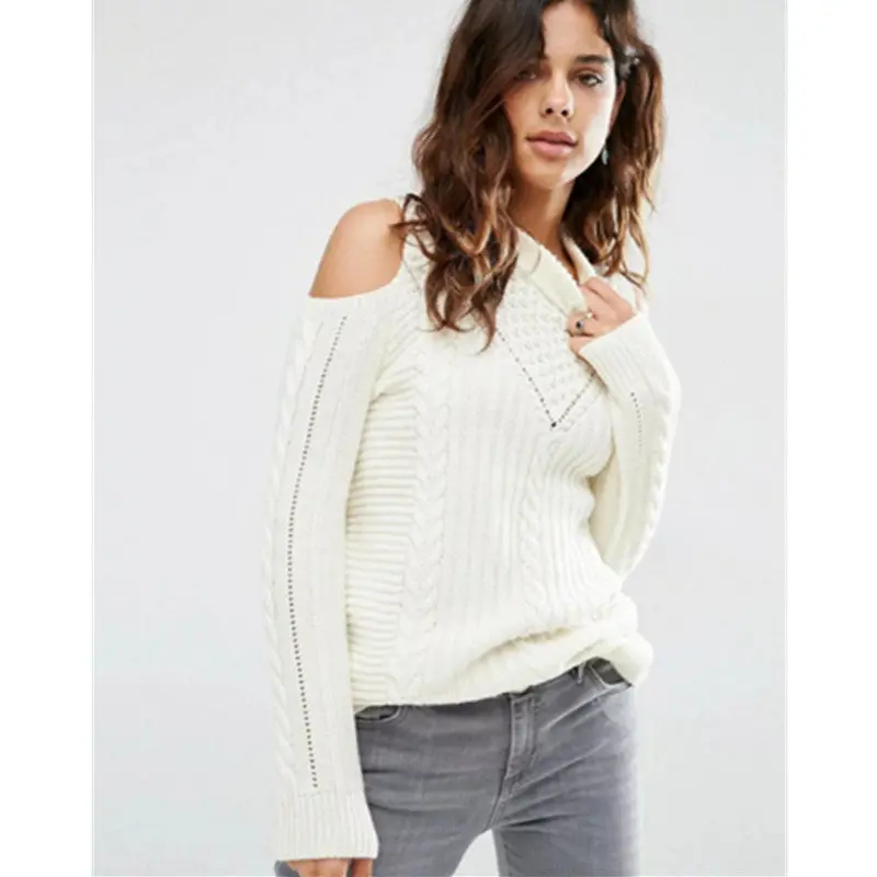 Twisted Knitted Strapless Sweater Women O Neck Hollow Out Shoulder Long Sleeve Knitted Pullover Sweater 2