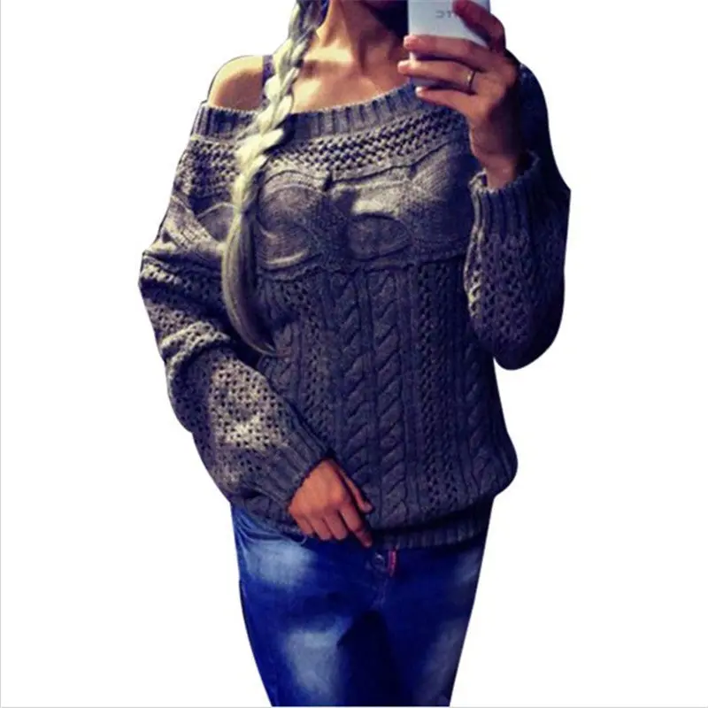 Twisted Pullover Knitted Sweater Women Oversized Women Sweater Sexy Slash Neck Hollow Pull Femme Pullovers 2