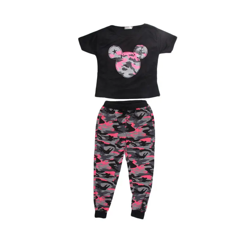 Two Piece Casualcartoon Mouse Camouflage Type Floral Printed Clothing Sets T-Shirt+Pants Lady Suit 1