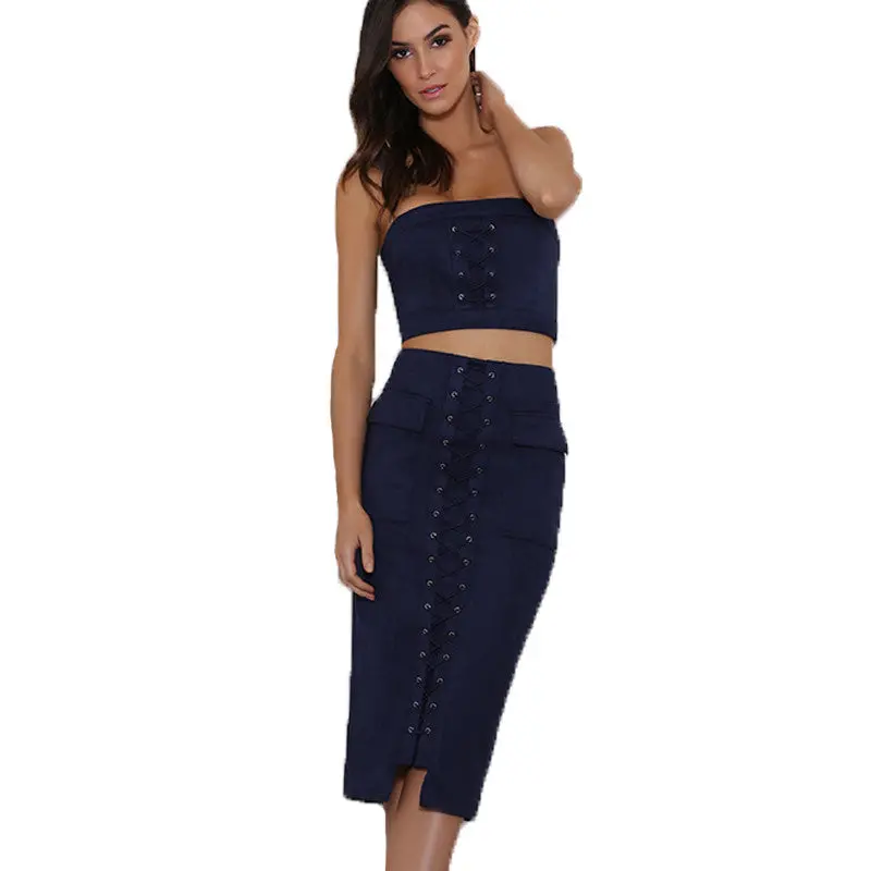 Two Piece Outfits Women Sexy Lacing Up Bodycon Bandage Dress Suede Vestidos Strapless 2 Pieces Dress Midi Solid Color 4
