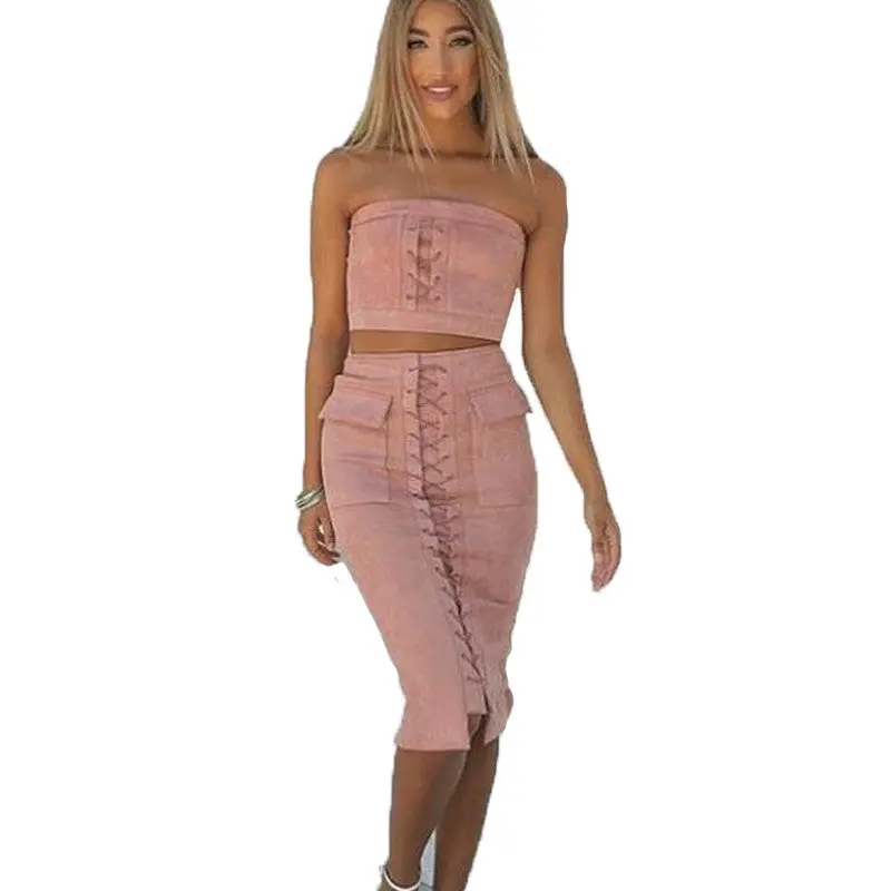 Two Piece Outfits Women Sexy Lacing Up Bodycon Bandage Dress Suede Vestidos Strapless 2 Pieces Dress Midi Solid Color 5