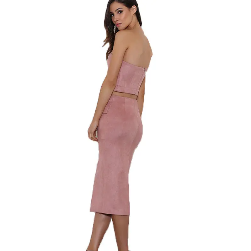 Two Piece Outfits Women Sexy Lacing Up Bodycon Bandage Dress Suede Vestidos Strapless 2 Pieces Dress Midi Solid Color 7