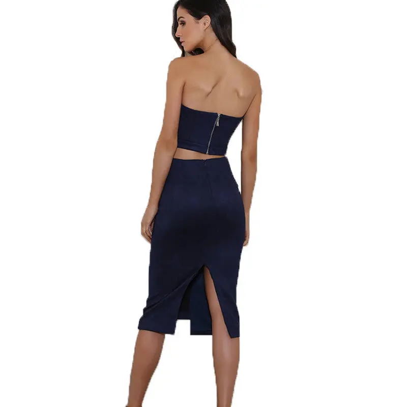 Two Piece Outfits Women Sexy Lacing Up Bodycon Bandage Dress Suede Vestidos Strapless 2 Pieces Dress Midi Solid Color 9