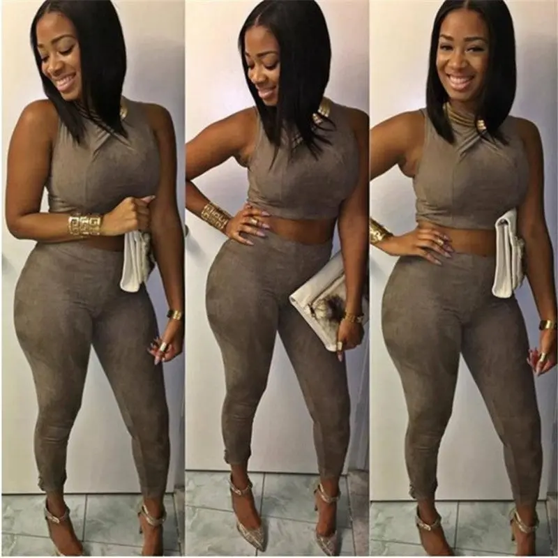 Two Piece Outfits Women Suede Bodycon Jumpsuit Sexy Cropped Rompers Womens Jumpsuit 2 Piece Set Women 1