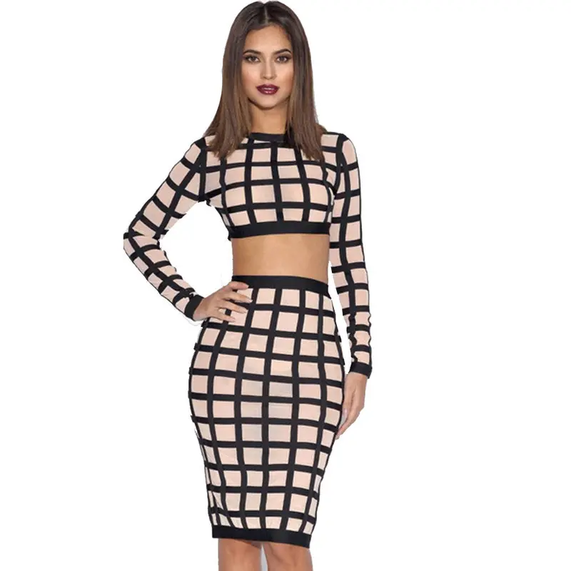 Two Piece Sexy Women Long Sleeve Bandage Bodycon Club Dress Women Clothing Vestido De Festa Feida 1