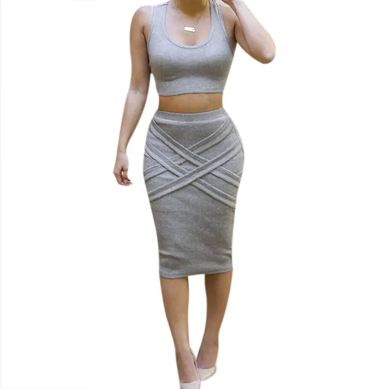 Two Pieces Dress Sexy Women Sleeveless Bandage Bodycon Party Club Dress Robe Feida 1