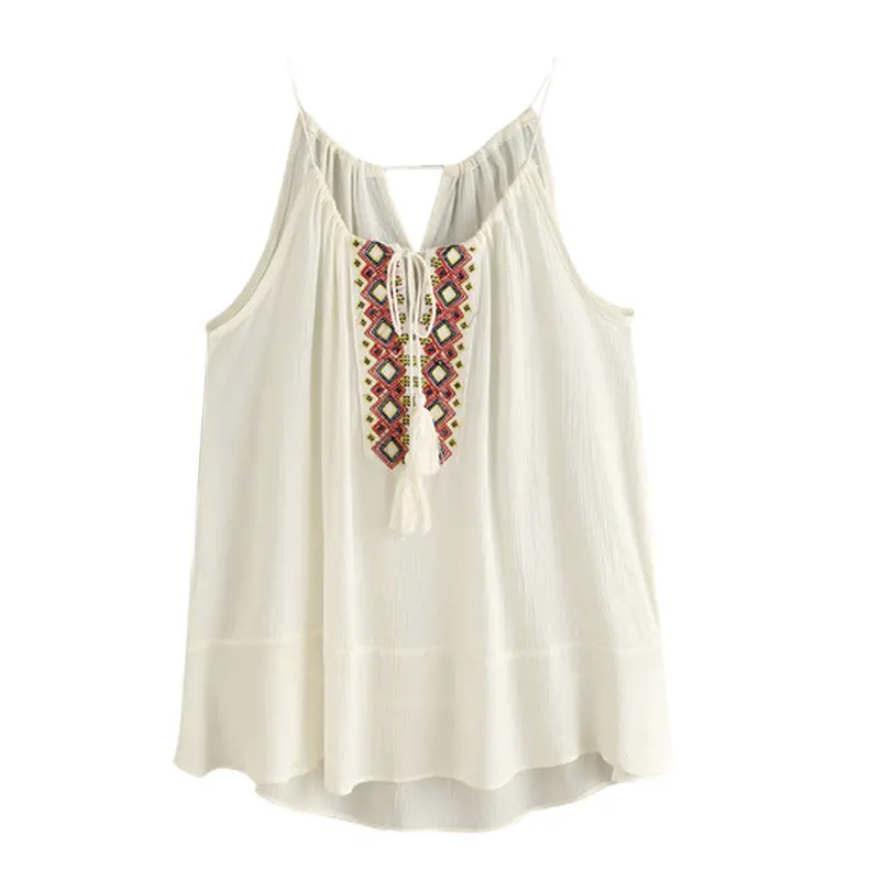 Unique Boho Ethnic Style Women Tees Sexy Tank Top Drawstring Neck Embroidered Blouse Tank Tops Plus Size 1
