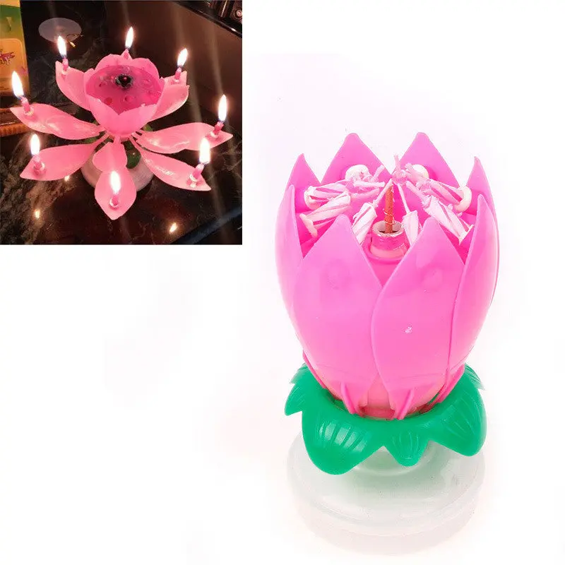 Unique Musical Lotus Flower Rotating Happy Birthday Party Gift Candle Lights 73344 2