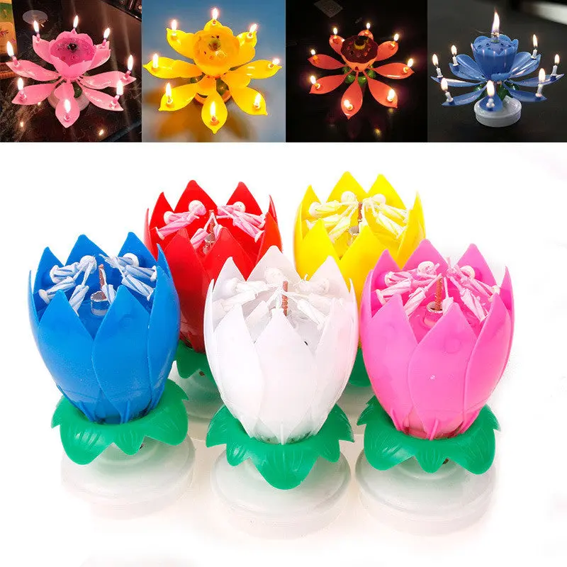 Unique Musical Lotus Flower Rotating Happy Birthday Party Gift Candle Lights 73344 3